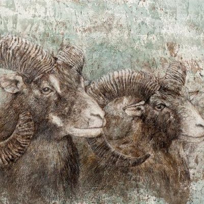 MUFFLONS, Acryl, Kreidegrund, Leinöl, Frottage, Farbstifte, Ölstifte, Graphit auf Fabriano Cotton, 70 x 50 cm, © Sascha Bianca & Ingo Maas