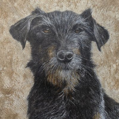 WESTFALENTERRIER "NOX", Acryl, Kreidegrund, Leinöl, Frottage, Farbstifte, Ölstifte, Graphit auf Fabiano Cotton, 40 x 50 cm, © Sascha Bianca & Ingo Maas